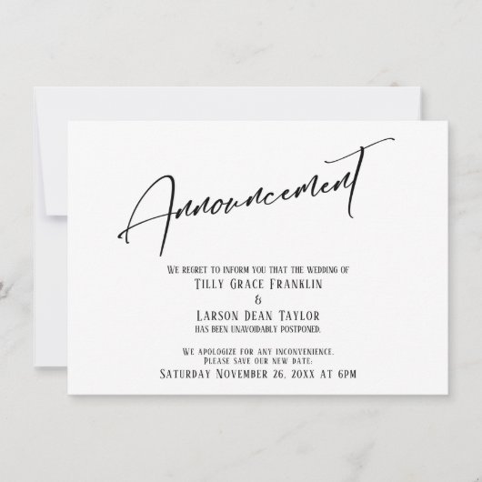Aankondiging van Elegant Handwriting Wedding Delay (Voorkant)