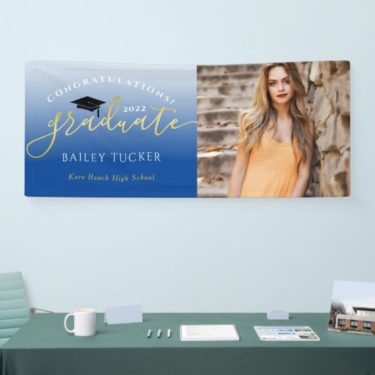 Aankondiging van Elegant Script Gold Blue Afstuder Spandoek (Beurs)