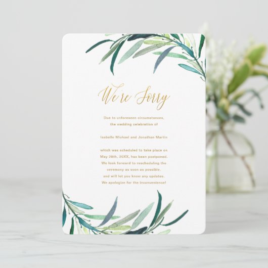 Aankondiging van Faux Gold Script Wedding-uitstel (Staand voorkant)