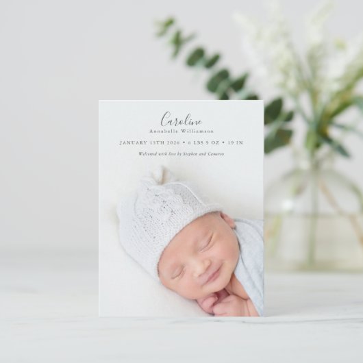 Aankondiging van geboorte door moderne Script-foto Briefkaart (Staand voorkant)