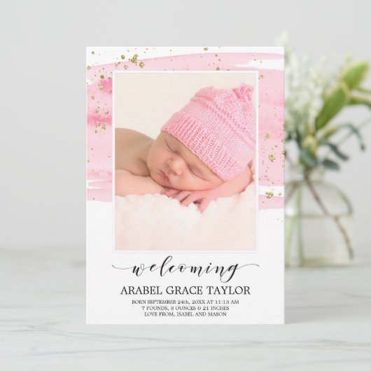 Aankondiging van geboorte door waterverf Blush & G (Staand voorkant)