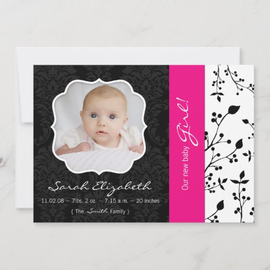 Aankondiging van geboorte in zwart-wit en warm-roz (Voorkant)