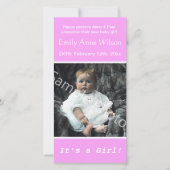 Aankondiging van geboorte van baby met roze foto.  (Voorkant)