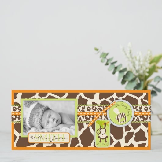 Aankondiging van geboorteprint van aap en fopspeen (Staand voorkant)