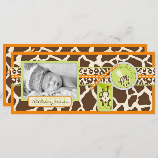 Aankondiging van geboorteprint van aap en fopspeen (Voorkant / Achterkant)