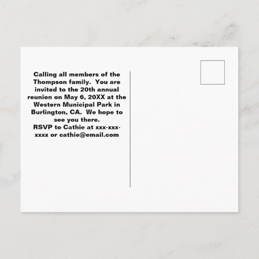 Aankondiging van goedkope gezinshereniging briefkaart (Achterkant)