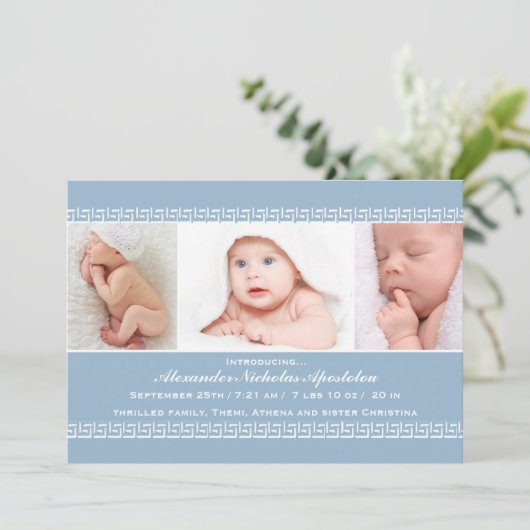 Aankondiging van Griekse Key Blue Photo Birth (Staand voorkant)