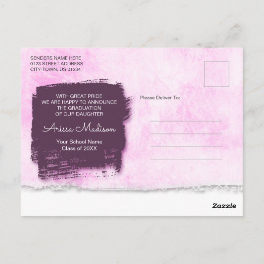 Aankondiging van het Afstudeerder van de Roze Foto Briefkaart (Achterkant)