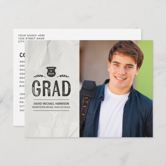 Aankondiging van het Afstuderen Cool Grunge Photo Briefkaart (Voorkant / Achterkant)