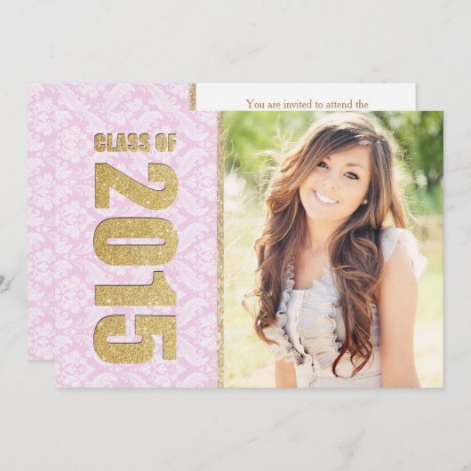 Aankondiging van het Afstuderen Pink Damask Photo (Voorkant / Achterkant)