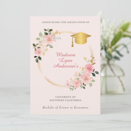 Aankondiging van het Afstuderen van roze Floral (Staand voorkant)