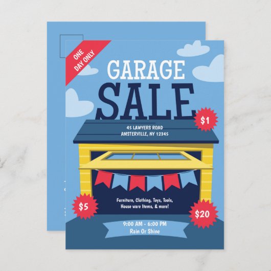 Aankondiging van het Briefkaart van Garage Sale (Voorkant / Achterkant)