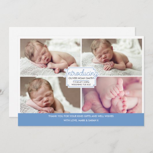 Aankondiging van het jongetje/bedankt kaart (Voorkant / Achterkant)
