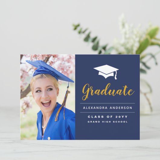 Aankondiging van het Navy Blue Gold Photo Afstuder (Staand voorkant)