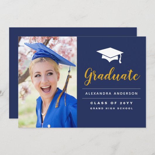 Aankondiging van het Navy Blue Gold Photo Afstuder (Voorkant / Achterkant)