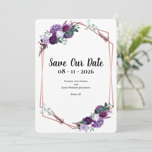 Aankondiging van het Paarse Floral Wedding Save th (Staand voorkant)