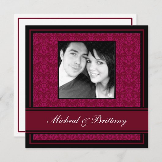 Aankondiging van het Verloving Fuchsia Damask Wedd (Voorkant / Achterkant)