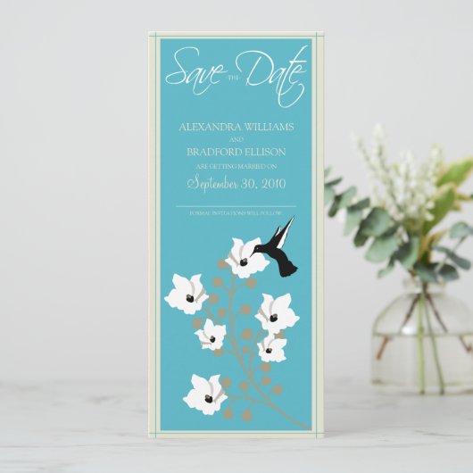 Aankondiging van kolibrie save-the-date (waterblau (Staand voorkant)