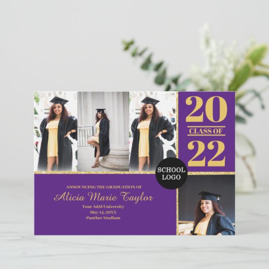 Aankondiging van Paars en goud Afstudeerder met fo (Staand voorkant)
