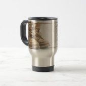 Aankondiging van pensioen met oude laarzen V2.0 Reisbeker (Voorkant links)