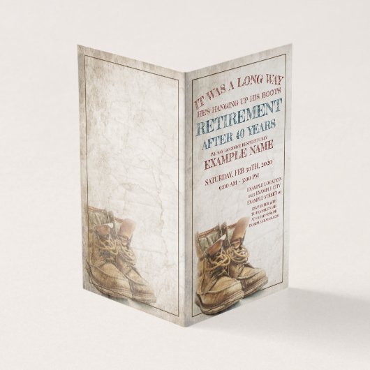 Aankondiging van pensionering met oude laarzen (Buitenkant)