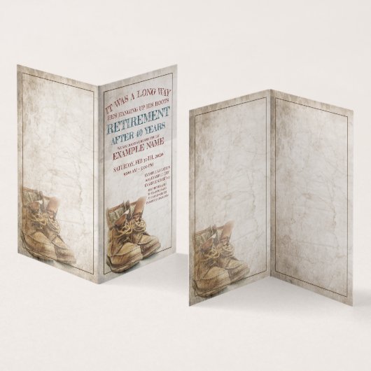 Aankondiging van pensionering met oude laarzen (Binnen en buitenkant)