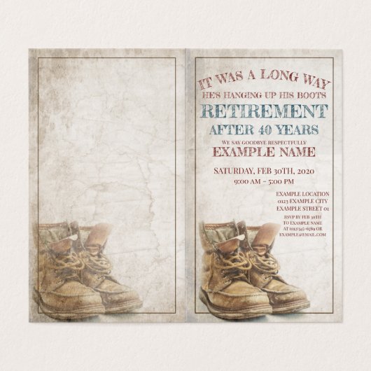 Aankondiging van pensionering met oude laarzen (Buitenkant ongevouwen)