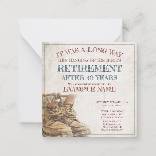 Aankondiging van pensionering met oude laarzen (Voorkant)