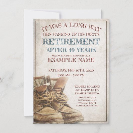 Aankondiging van pensionering met oude laarzen (Voorkant)