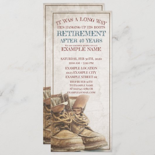 Aankondiging van pensionering met oude laarzen (Voorkant / Achterkant)