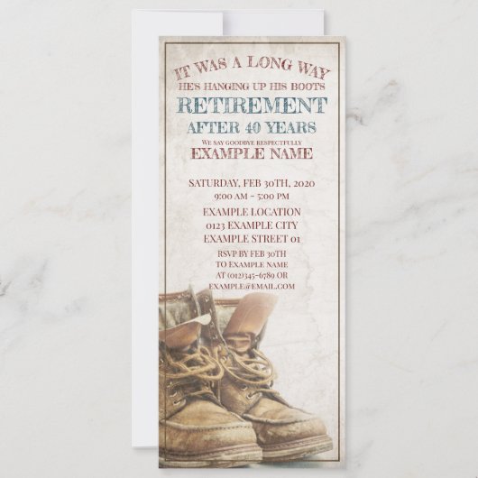 Aankondiging van pensionering met oude laarzen (Voorkant)