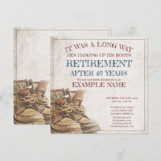 Aankondiging van pensionering met oude laarzen (Voorkant / Achterkant)