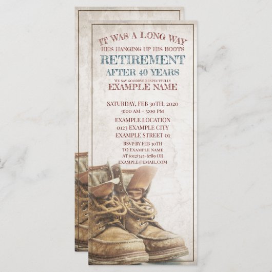 Aankondiging van pensionering met oude laarzen (Voorkant / Achterkant)