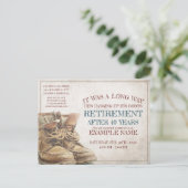 Aankondiging van pensionering met oude laarzen (Staand voorkant)