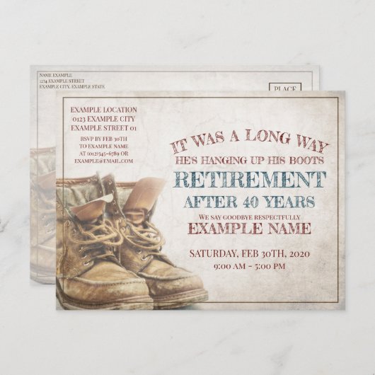 Aankondiging van pensionering met oude laarzen (Voorkant / Achterkant)