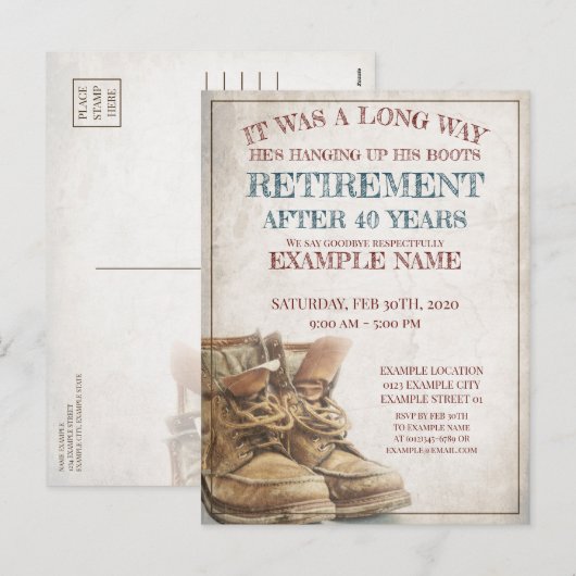 Aankondiging van pensionering met oude laarzen (Voorkant / Achterkant)