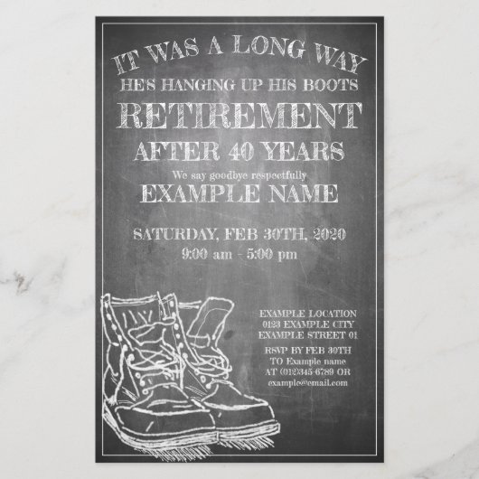 Aankondiging van pensionering met oude laarzen V3. (Voorkant)