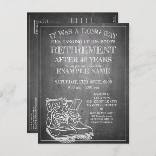 Aankondiging van pensionering met oude laarzen V3. (Voorkant / Achterkant)