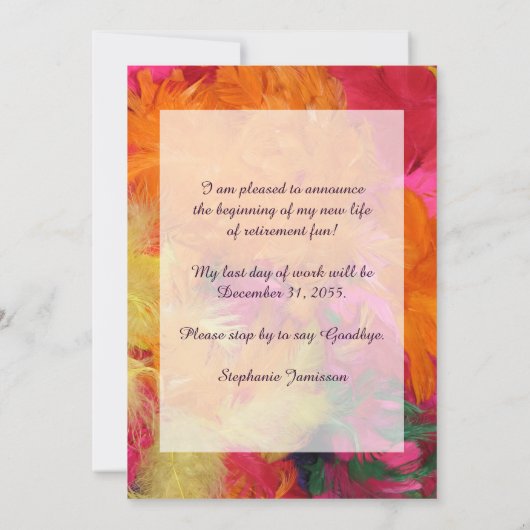 Aankondiging van pensionering, Oranje roze veren (Achterkant)