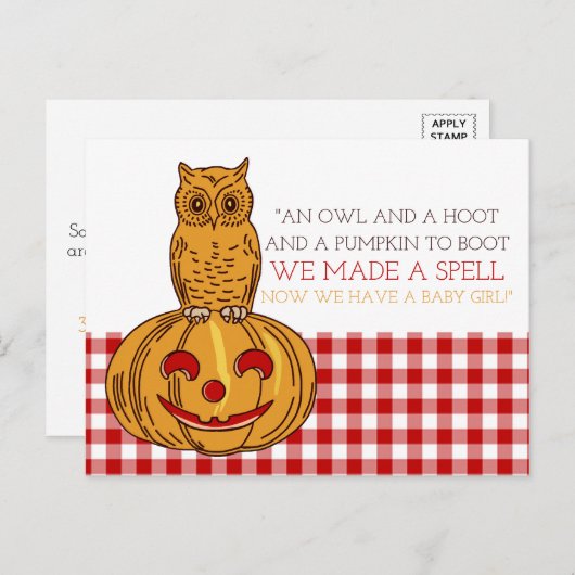 Aankondiging van pomkin Owl & Gingham Baby Girl (Voorkant / Achterkant)