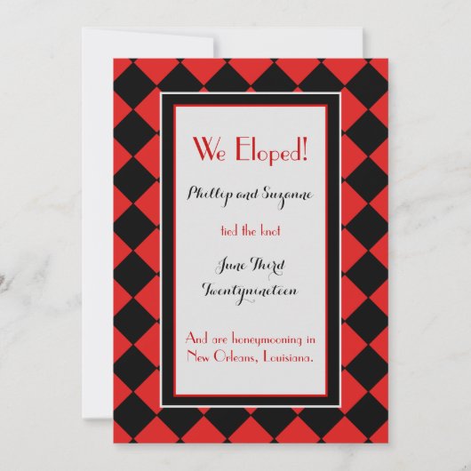 Aankondiging van Red Harlequin Pattern Elopement (Voorkant)