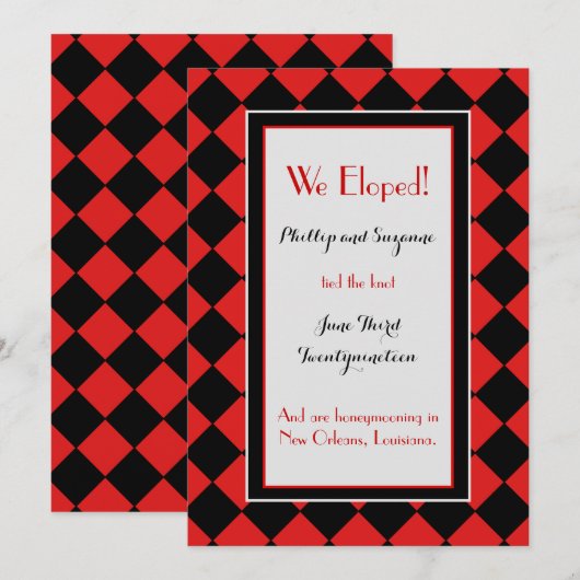 Aankondiging van Red Harlequin Pattern Elopement (Voorkant / Achterkant)