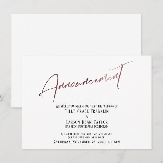 Aankondiging van roos Gold Postponed Wedding (Voorkant / Achterkant)