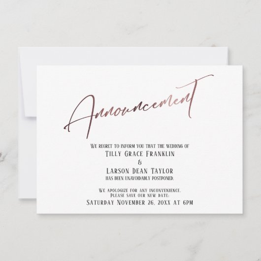 Aankondiging van roos Gold Postponed Wedding (Voorkant)