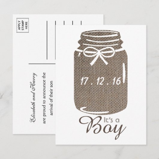 Aankondiging van Rustic Burlap Mason Jar Baby Boy (Voorkant / Achterkant)