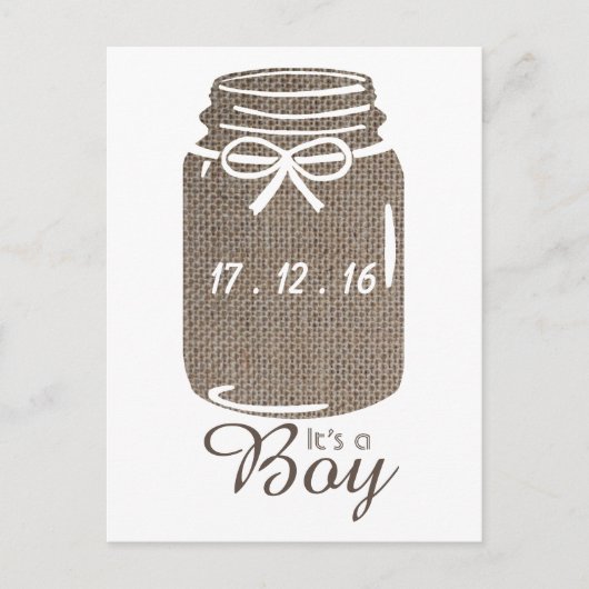 Aankondiging van Rustic Burlap Mason Jar Baby Boy (Voorkant)