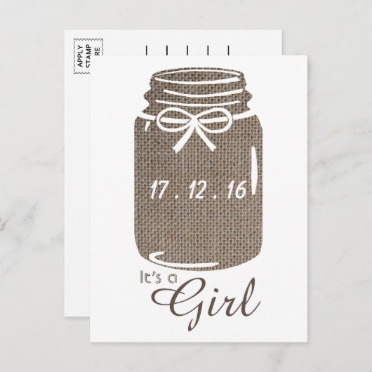 Aankondiging van Rustic Burlap Mason Jar Baby Girl (Voorkant / Achterkant)