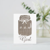 Aankondiging van Rustic Burlap Mason Jar Baby Girl (Staand voorkant)