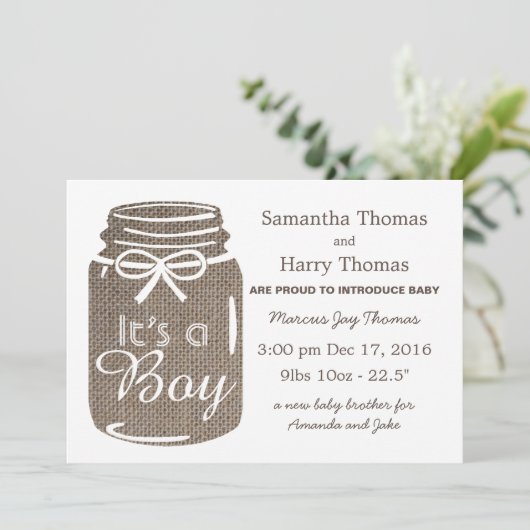 Aankondiging van Rustic Burlap Mason Jar New Baby  (Staand voorkant)