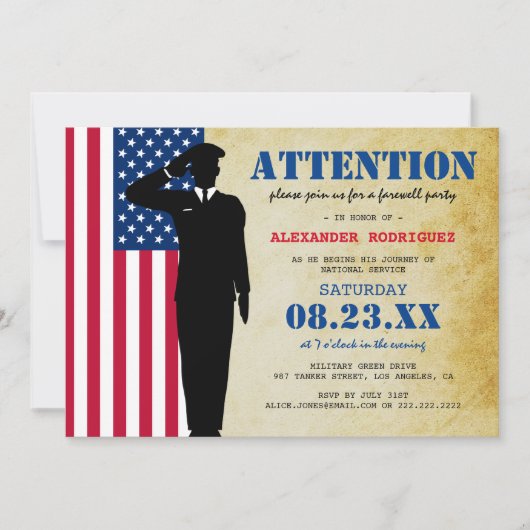 Aankondiging van Rustic Soldaat die de partij afsc (Voorkant)